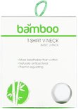Verpakking van een wit 2-pack T-shirt V-hals met bamboe logo en bamboe plant icoon.