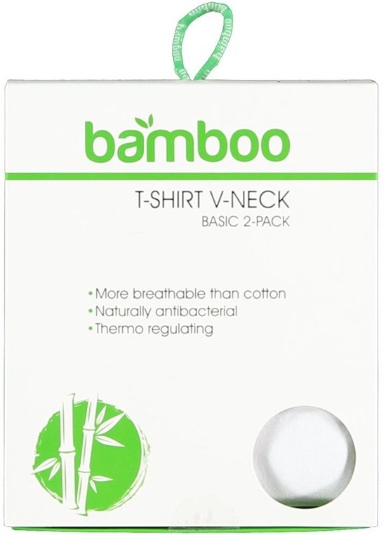Verpakking van een wit 2-pack T-shirt V-hals met bamboe logo en bamboe plant icoon.