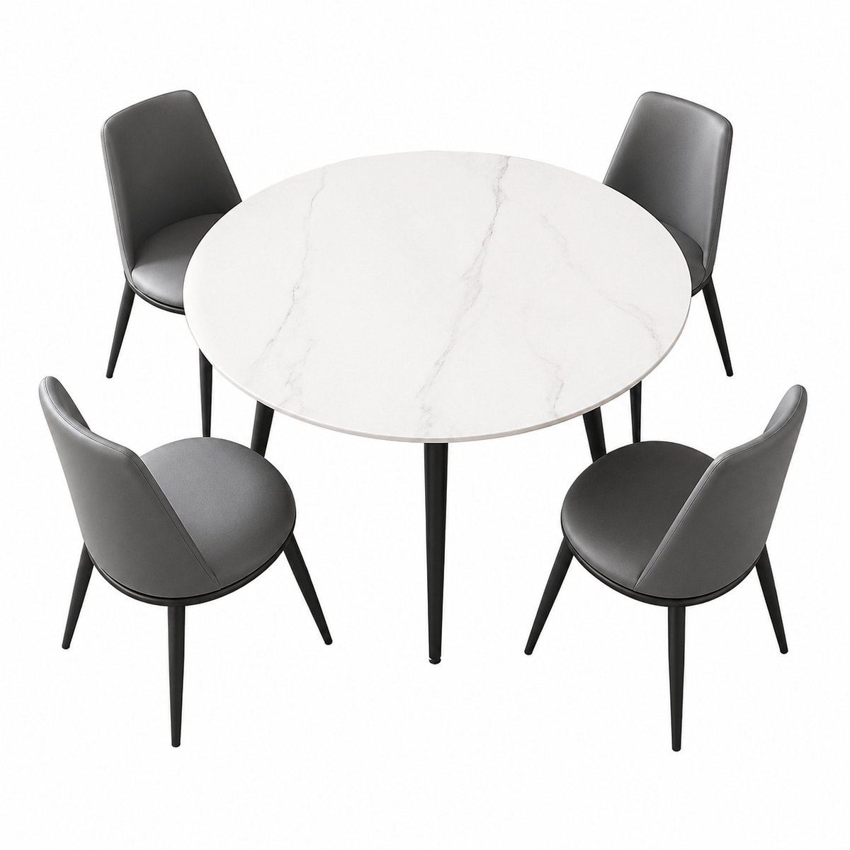 Zerova Eettafel set met 4-stoelen - moderne keukentafel set - keukentafel met zwart metalen poten - Wit Marmeren tafelblad