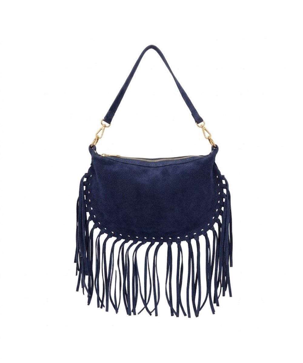 Donkerblauwe Suède Schoudertas Fringe - Dames Crossbodytassen - Boho Schoudertassen - Twee Hengsels - Donkerblauw / Navy
