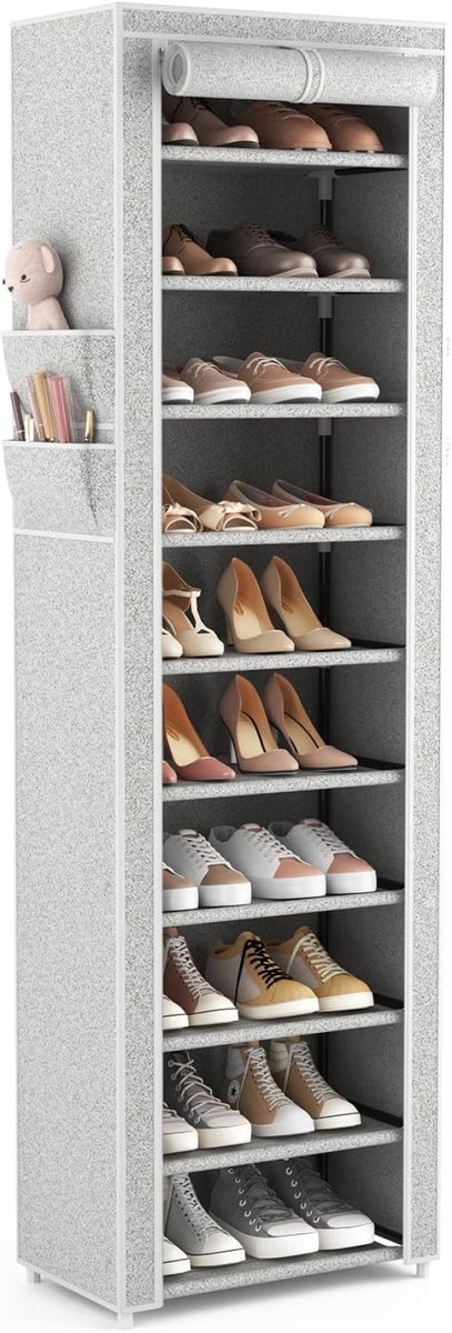 PolkaHome schoenenrek met 11 niveaus, stoffen schoenenkast voor 20-22 paar schoenen, smal en hoog, plaatsbesparend