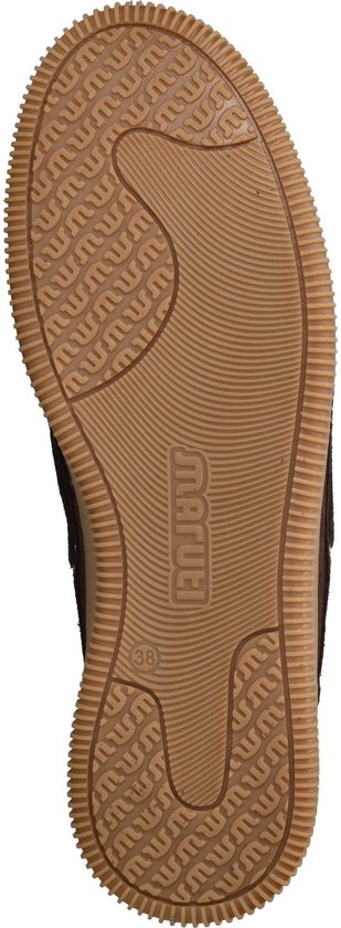 Onderkant van bruine suède mocassin met luipaardprint voering en Marufi logo.