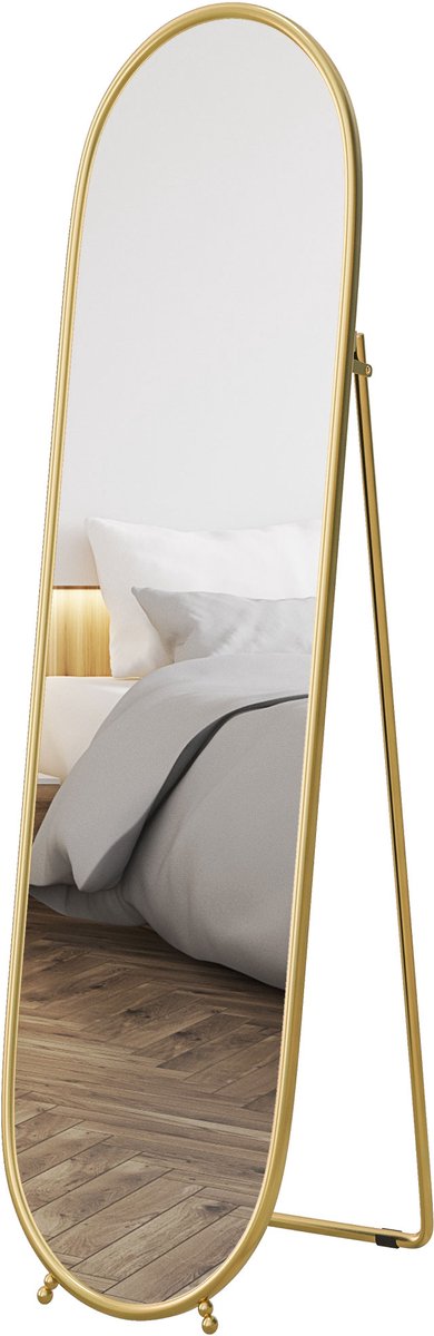 Ovaal staande spiegel voor het hele lichaam, 160 x 40 cm, goud | Met metalen frame, steun, staande en wandspiegel, voor woonkamer, slaapkamer en hal