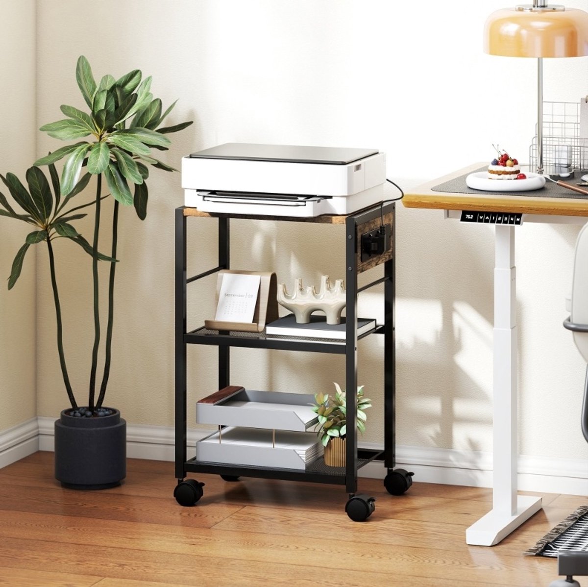 REDOM Printerstand - 3 niveaus - Met wielen en remmen - Met 2 stopcontacten, USB en USB-C - Industrieel - Homeoffice - MDF en staal - Rustiek bruin - 42 x 28 x 64,5 cm