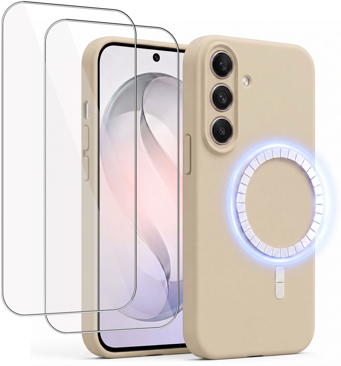 Hoesje + 2x Screenprotector geschikt voor Samsung Galaxy S26 - Hoesje geschikt voor Magsafe - Draadloos opladen - Gehard Glas - Creme