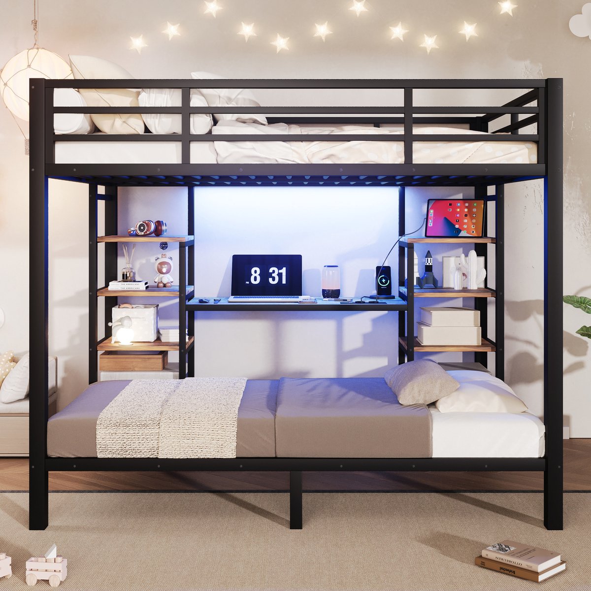 VVBV Stapelbed 90x200 – Metalen Stapelbed met Opbergruimte, Lades, Legplanken, LED-Verlichting, USB en Stopcontact – Zonder Matras – Zwart