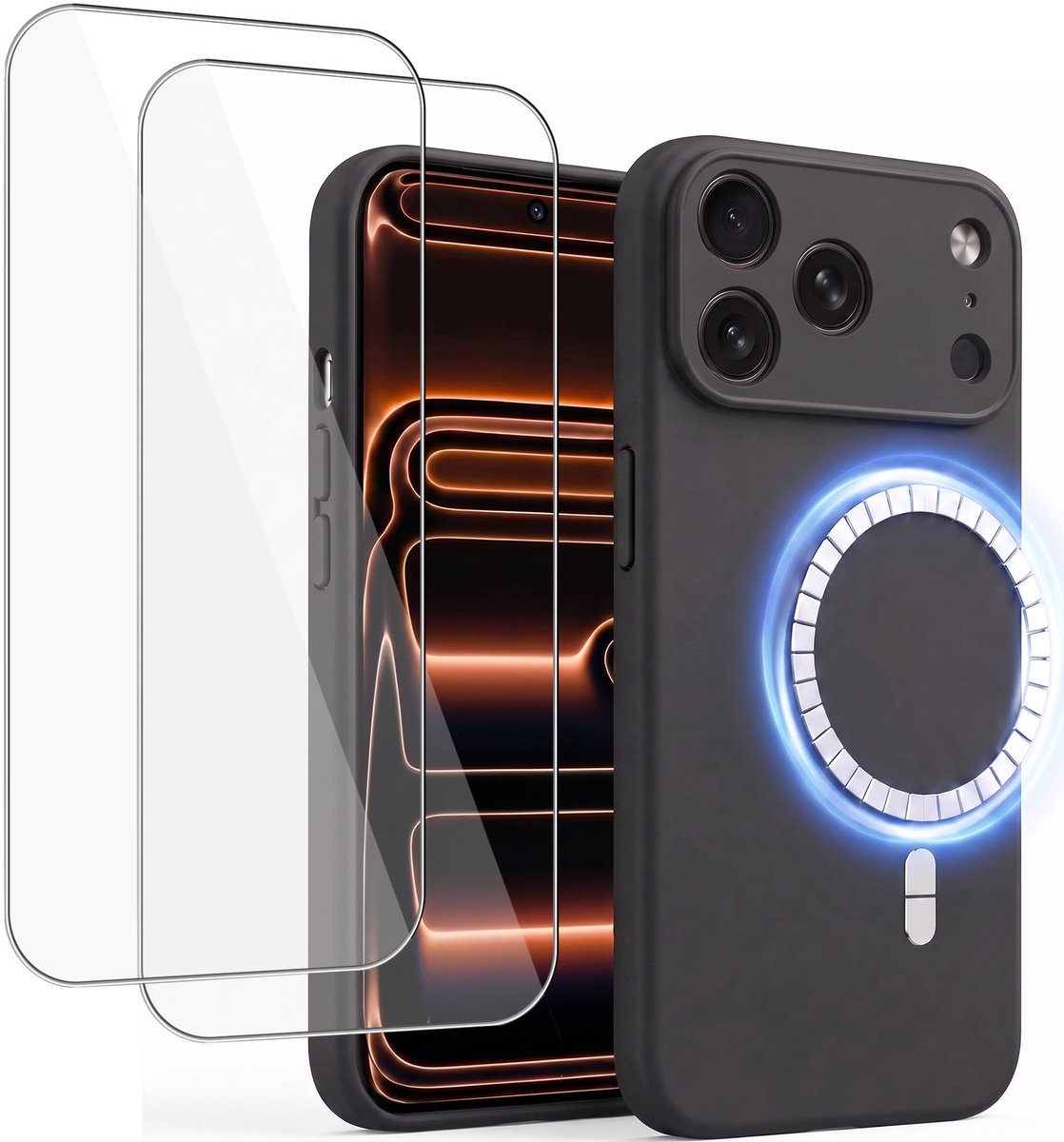 Hoesje + 2x Screenprotector geschikt voor Apple iPhone 17 Pro Max - Hoesje geschikt voor Magsafe - Draadloos opladen - Gehard Glas – Zwart