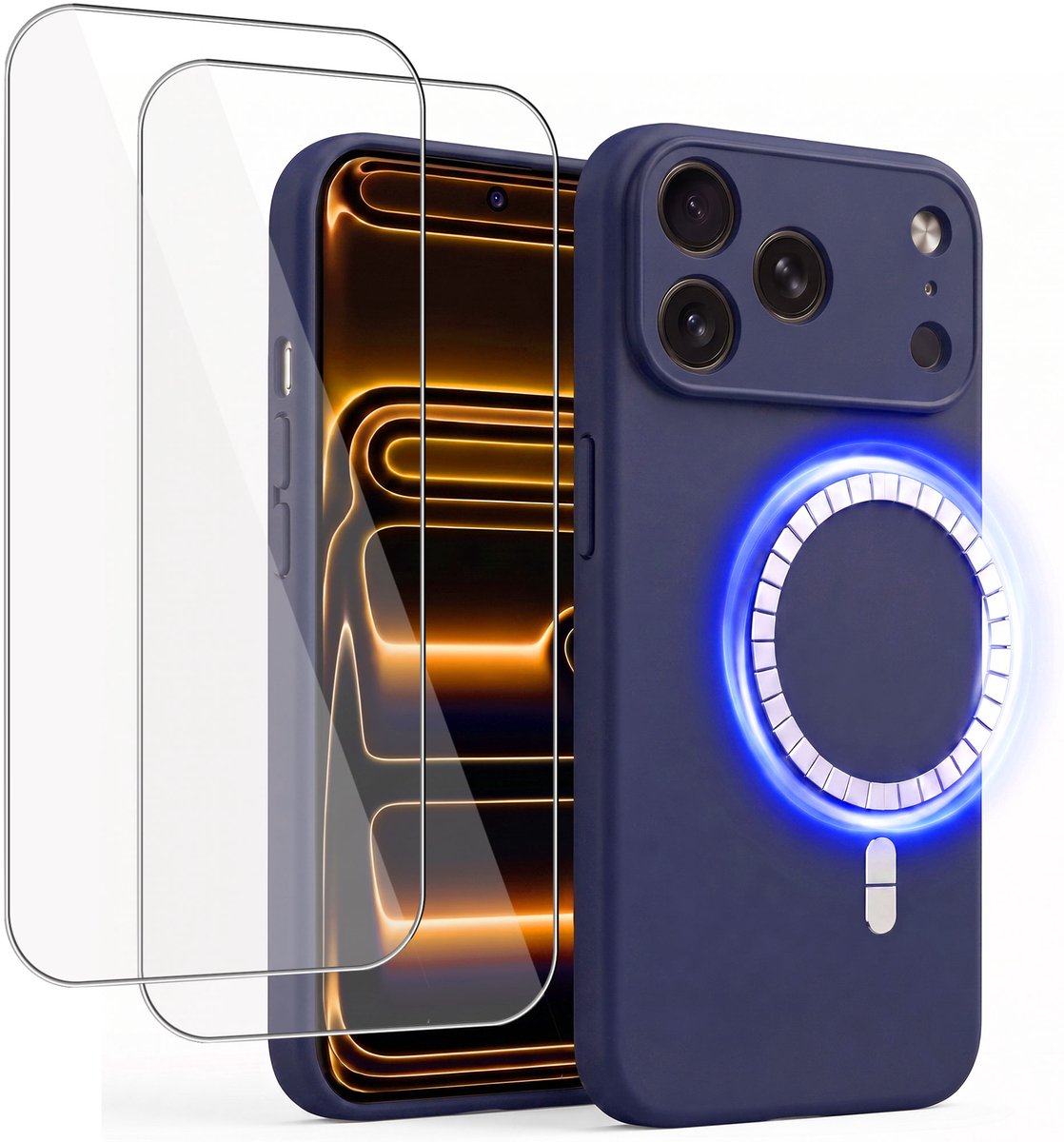 Hoesje + 2x Screenprotector geschikt voor Apple iPhone 17 Pro Max - Hoesje geschikt voor Magsafe - Draadloos opladen - Gehard Glas - Marine blauw