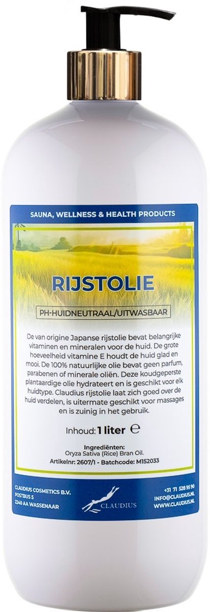 Rijstolie 1 liter met gouden pomp - 100% natuurlijk - biologisch en koud geperst