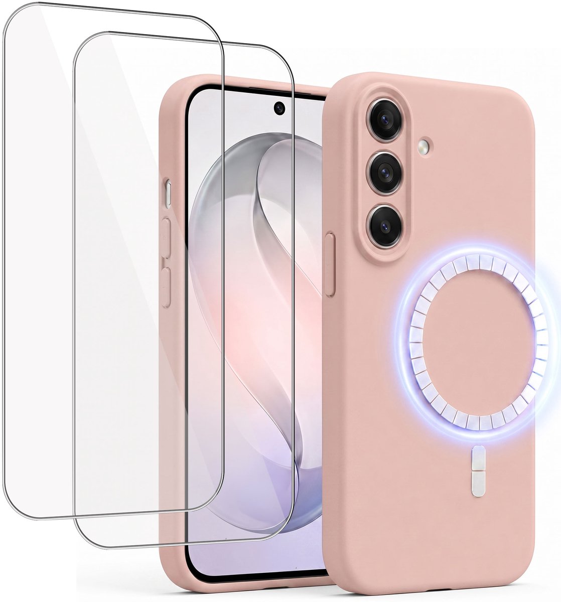 Hoesje + 2x Screenprotector geschikt voor Samsung Galaxy S26 Ultra - Hoesje geschikt voor Magsafe - Draadloos opladen - Gehard Glas - Oud Roze