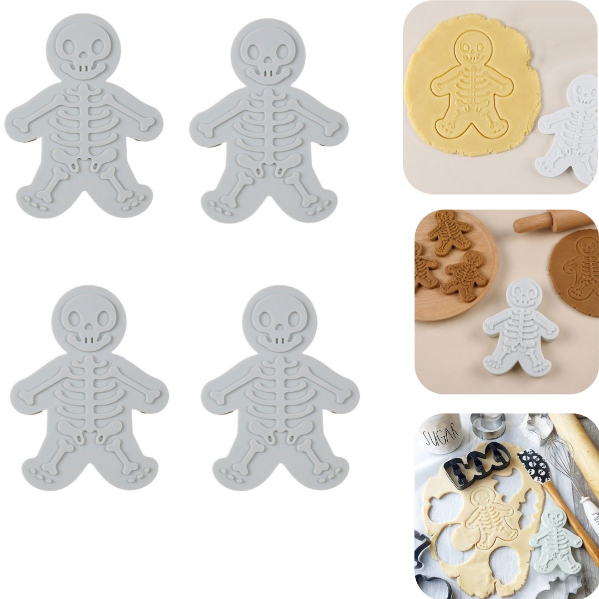 4 delige mal - koekjesmal - schedelmal - peperkoekmannetjes bakvorm - snoepmal - Halloweenmal - gemakkelijk te lossen - gemakkelijk schoon te maken - druktype - duurzaam - bakaccessoires - geschikt voor Halloween, bakkerij, keuken (wit, 14*10,8 cm)