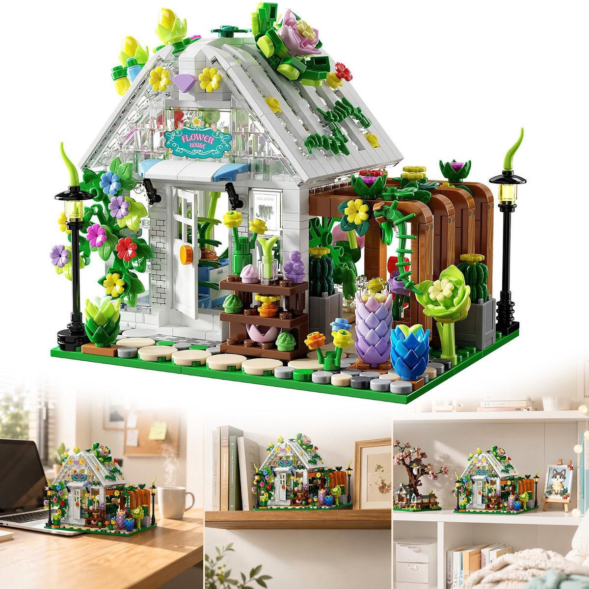 Bloemenhuis Bouwsets - Kasbouwspeelgoed Met Led-Verlichting - Tuinhuismodel - Kerstcadeau Voor Vrienden Kinderen En Volwassenen