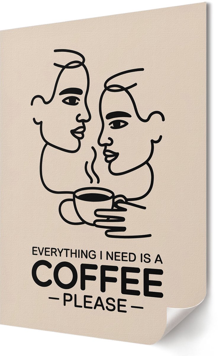 Coloray Canvas Poster Polycanvas - Lijntekening Koffie, Illustratie - 420 x 594 - Beige Poster - Rechthoek - Muurdecoratie - Woonkamer, Slaapkamer, Kantoor - Minimalist