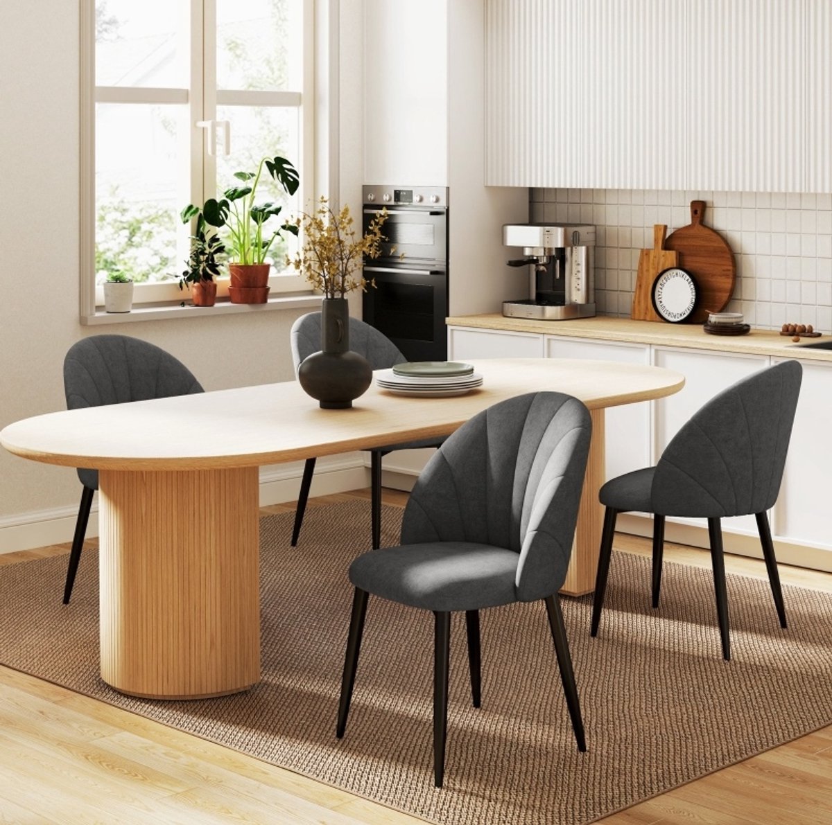 REDOM - Eetkamerstoel - Set van 4 - Armlos met gestikte kuiprug en gewatteerde zitting - Stalen poten met antislip voetdoppen - Velvet - Donkergrijs - 54 x 52 x 79 cm