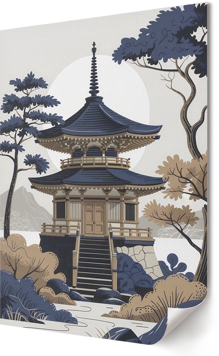 Coloray Polycanvas Wandposter - Japanse Tempel, Illustratie - 420 x 594 - Beige Motief - Rechthoek - Interieurdecoratie - Woonkamer, Slaapkamer, Kantoor - Japanse
