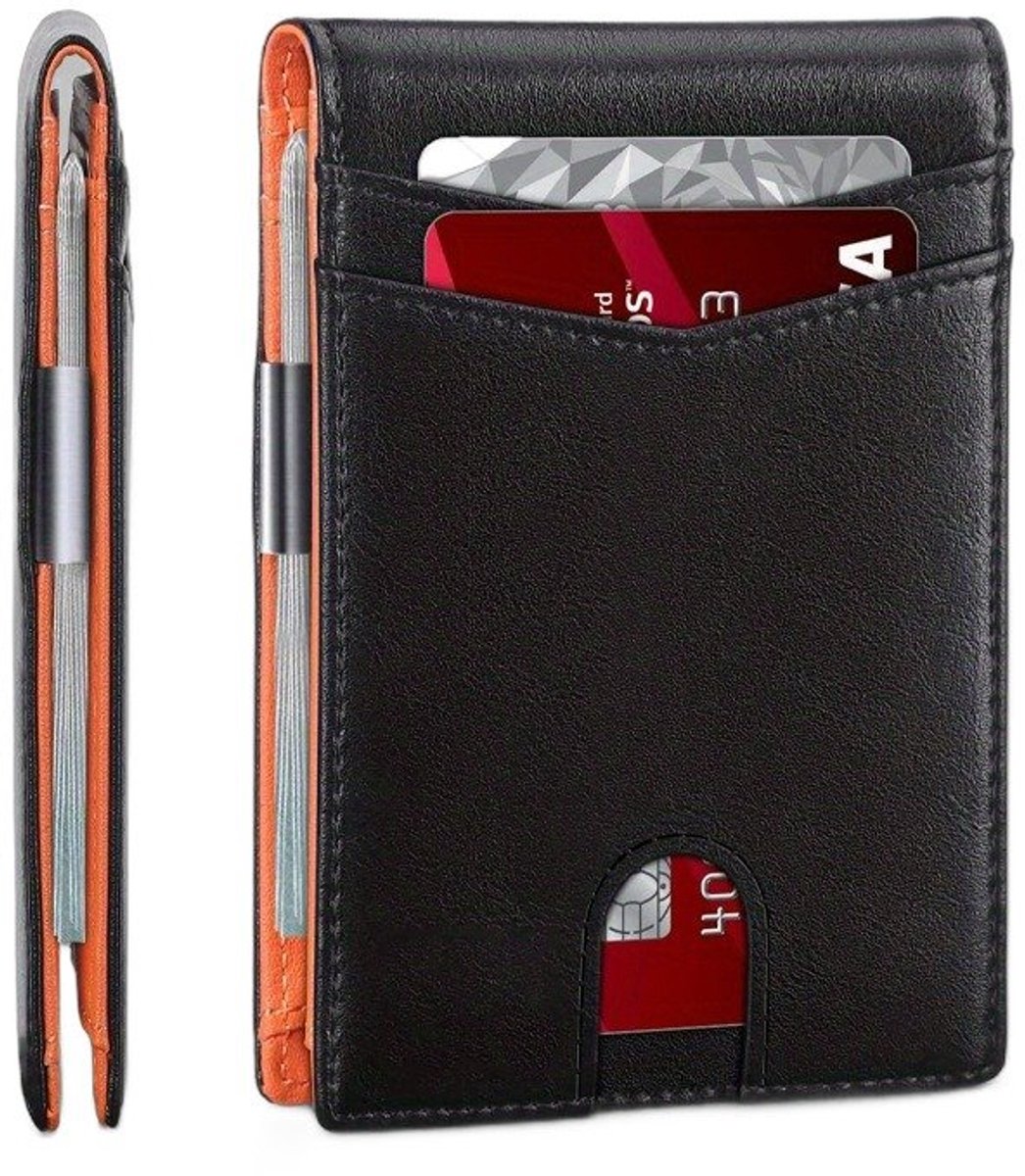 Currero Portomonee - Portemonnee Dames & Heren - RFID Anti Skim - Pasjeshouder - Klein Model - Met Rits - Kunstleer - Zwart & Oranje