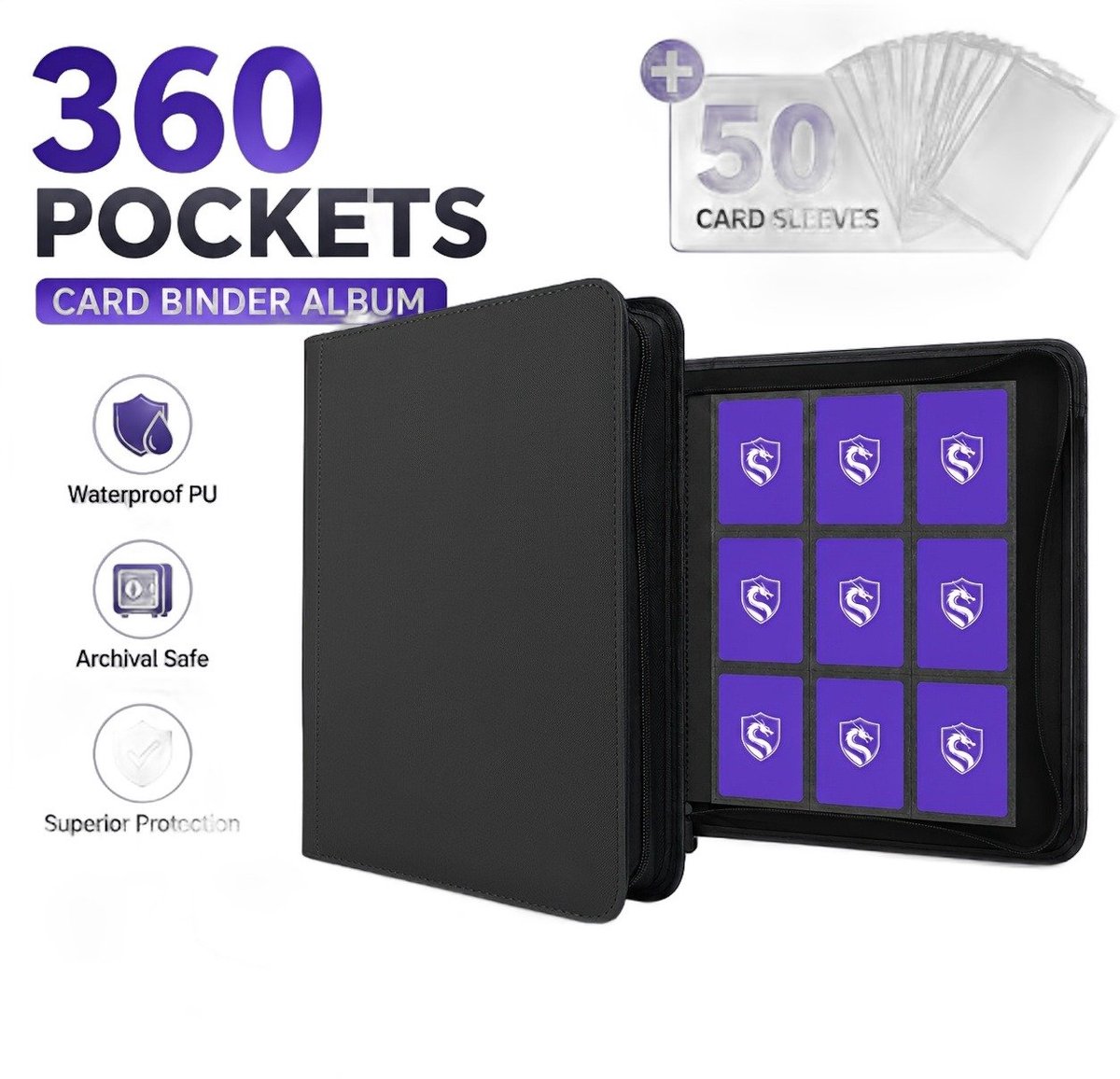 Currero Toploader Binder - Verzamelmap Kaarten - Geschikt voor Pokemon - 4 Pocket - 9 Pocket - 12 Pocket - Trading Card Map - Toploadermap - Zwarte+50 Kaarthoezen