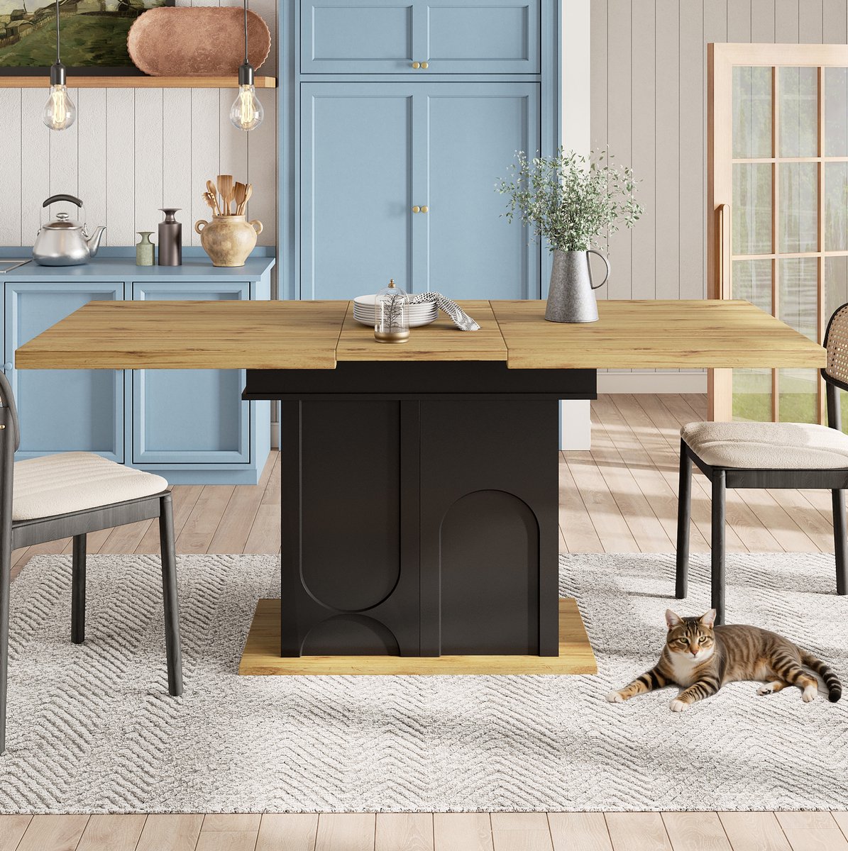 REDOM - Eettafel - Uitschuifbaar - Met opbergkast en soft-close scharnieren - Modern - Keuken en woonkamer - MDF en metaal - Zwart en naturel - 110-140 x 80 x 76 cm