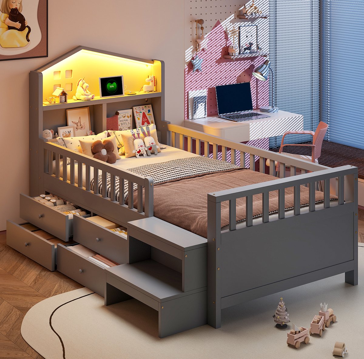REDOM - Kinderbed - Met veiligheidshekje en 4 lades - Met trap en LED-verlichting - Met USB- en Type-C-laadpoorten - Hout - Grijs - 90 x 200 cm