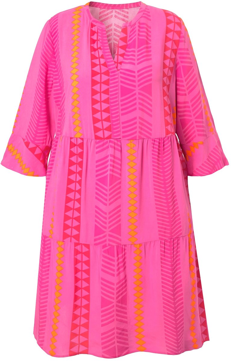Ulla Popken - Dames - Jurk grafische print tuniekhals 3/4-mouwen - Fuchsiaroze - Maat 50+