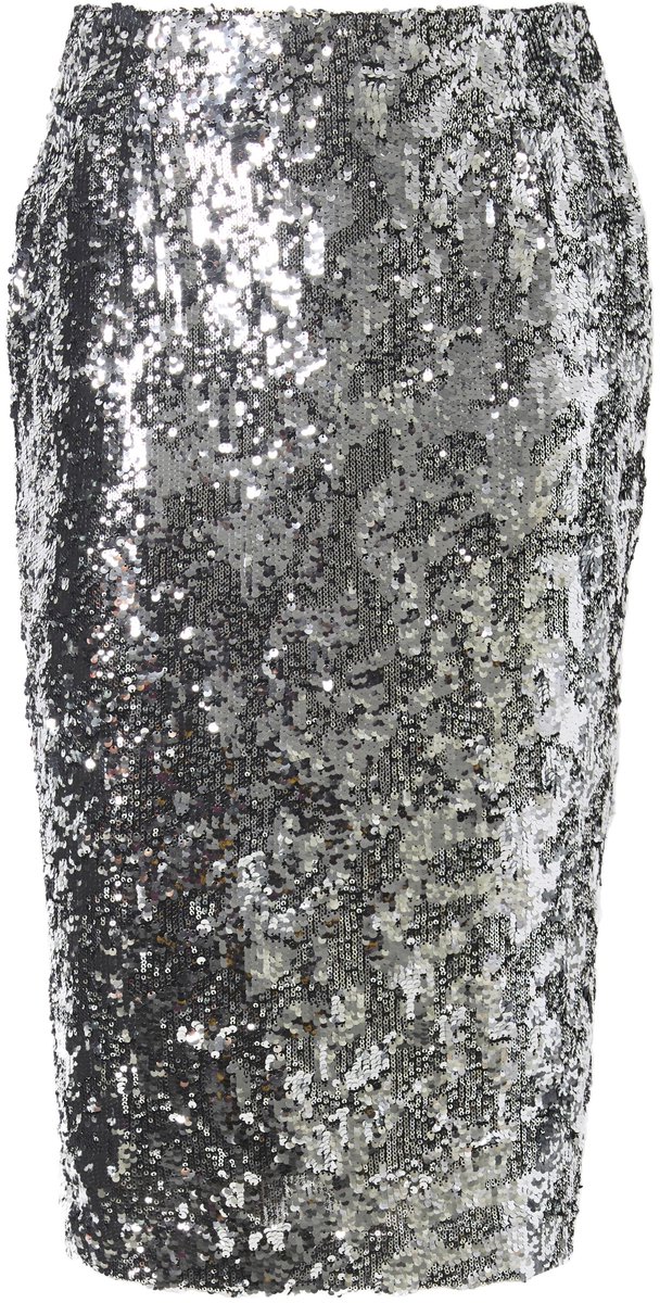 Ulla Popken - Dames - Paillettenrok slim fit maxi-lengte achtersplit - Zilver - Maat 44