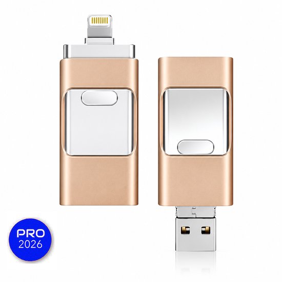 Twee gouden USB-sticks, één met Lightning-connector en één met USB-A-connector. Cirkel met tekst: PRO 2026.