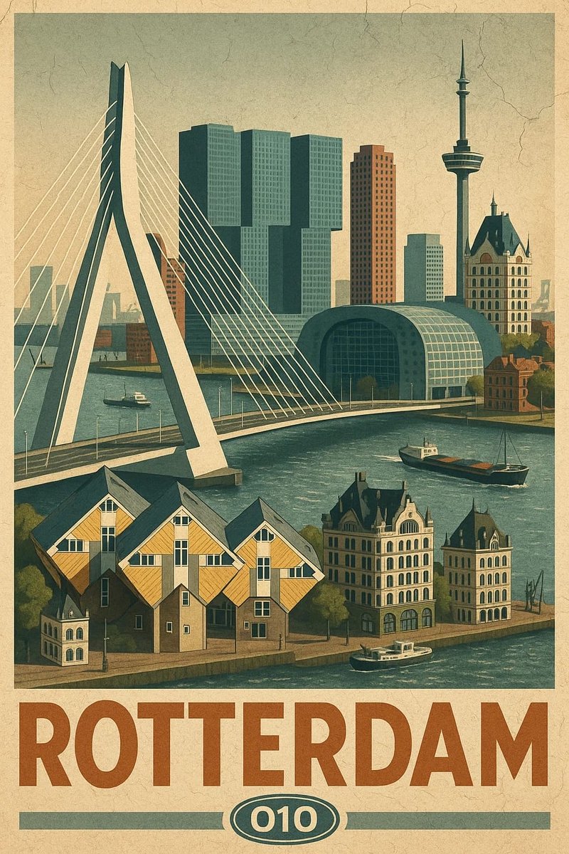 Rotterdam Poster - Steden Posters - Nederland - Tekst - Erasmusbrug - Wanddecoratie Woonkamer - 180 gram papier - L6646WV - Formaat 70 x 100cm