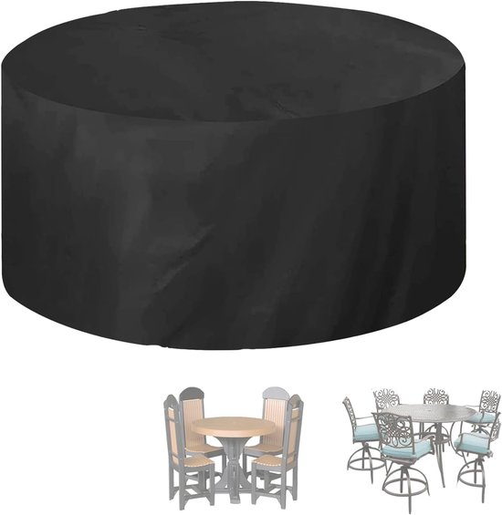 Zwarte, ronde beschermhoes over een tuintafel met zes stoelen.