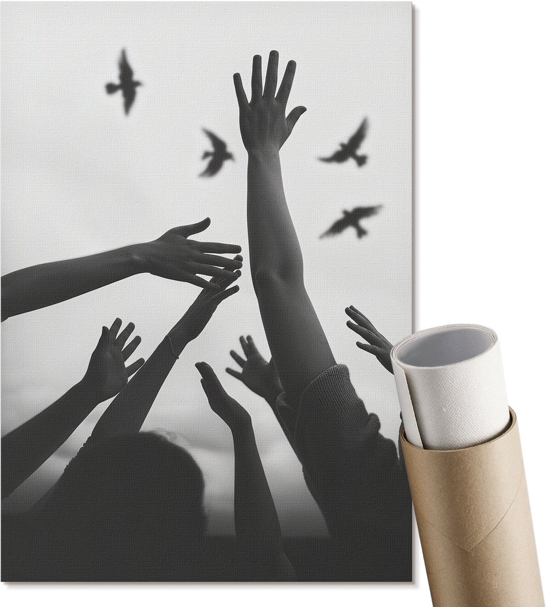 Coloray Polycanvas Poster - Handen En Vogels, Fotografie - A4 - Zwart-wit Kunst - Rechthoek - Wandkunst - Woonkamer, Slaapkamer, Kantoor - Expressief