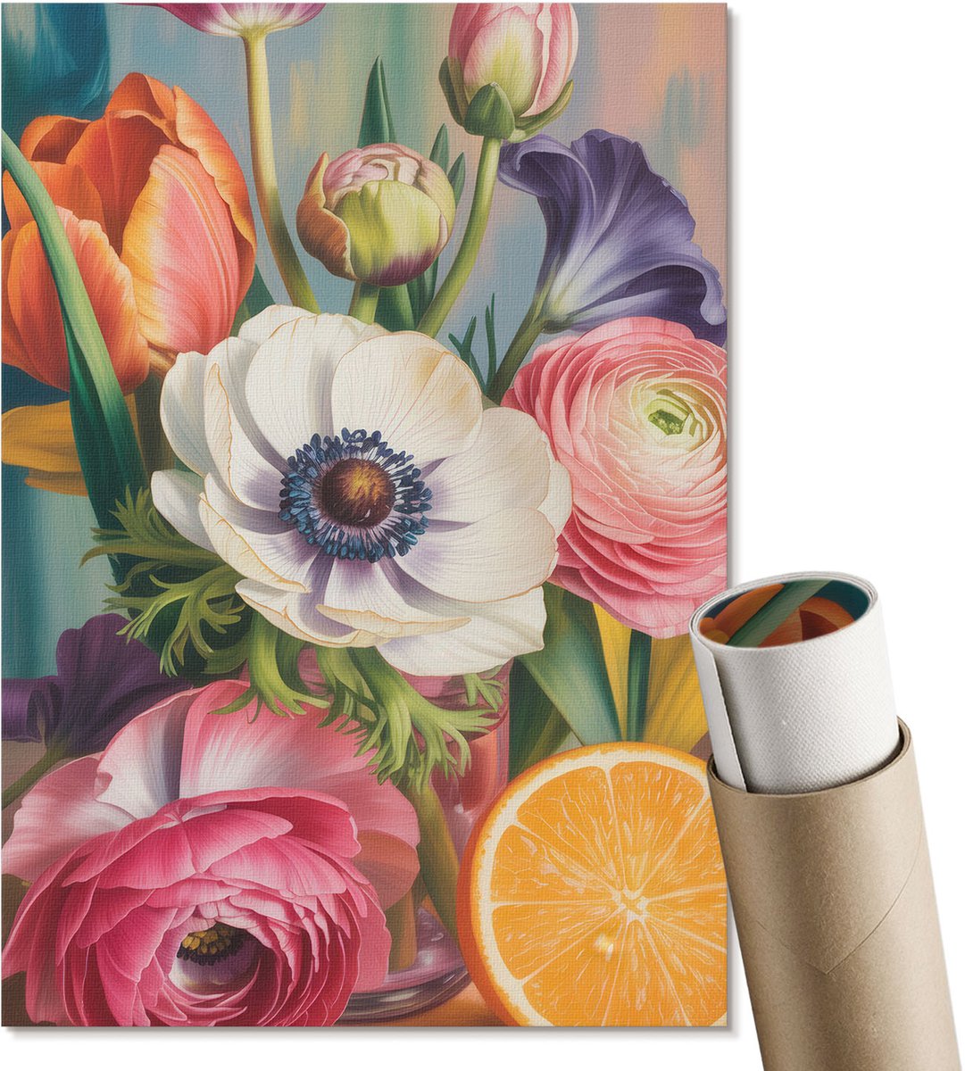 Coloray Polycanvas Poster - Kleurrijke Bloemen, Schilderen - A4 - Oranje Illustratie - Rechthoek - Muurdecoratie - Woonkamer, Slaapkamer, Kantoor - Klassiek