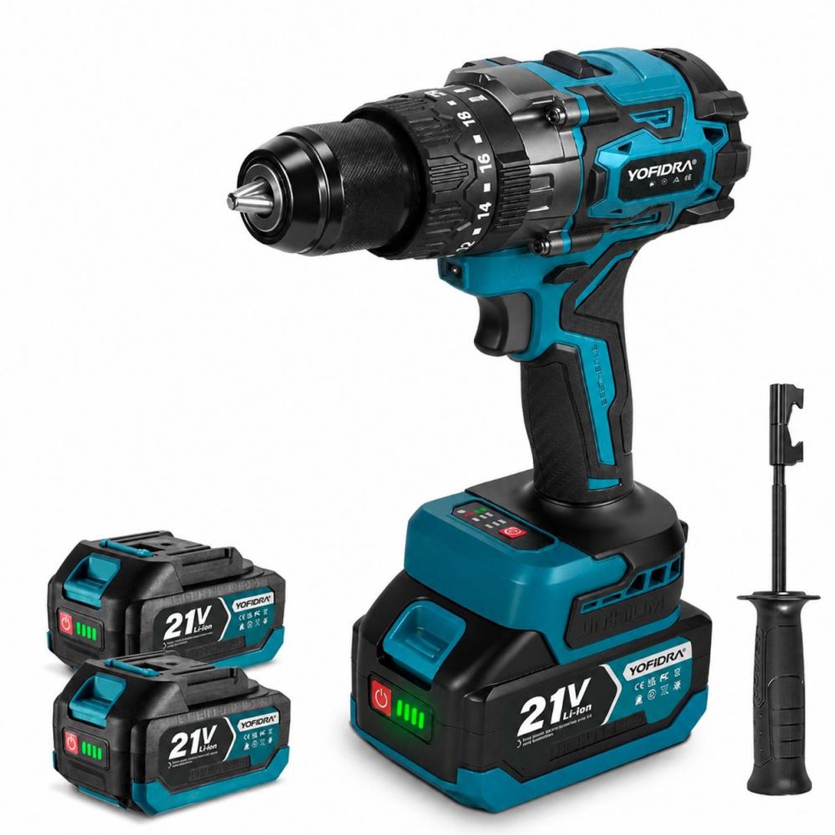 YOFIDRA 21V Accu Klopboormachine 3 Werkmodi, 20+3 Koppelstanden, 13mm Boorkop, Inclusief 2 Accu's – Perfect voor beton, hout en zware montageklussen