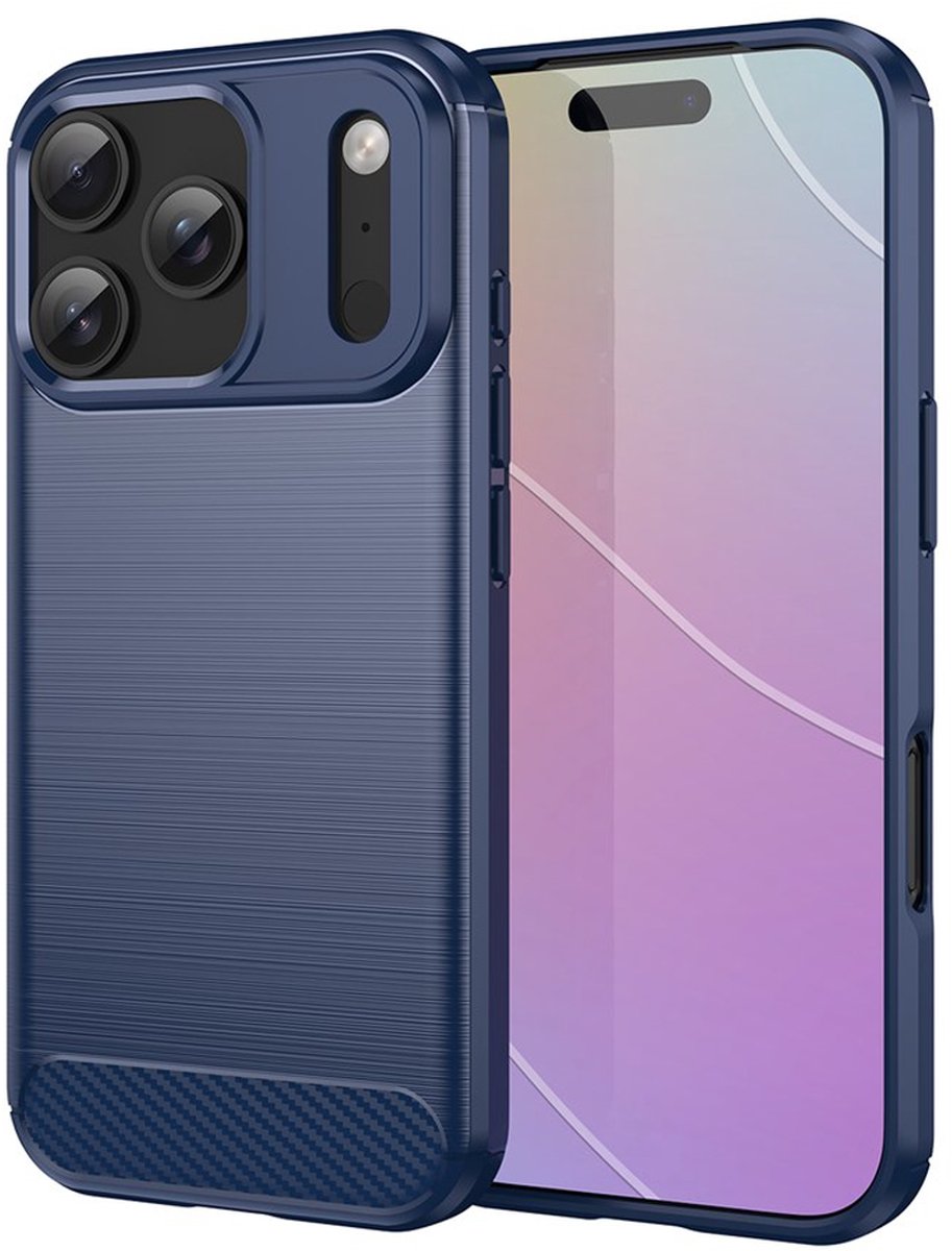 MobyDefend Hoesje - Geschikt voor iPhone 18 Pro - TPU Backcover - Geborstelde Metaal & Carbon-Look - Blauw