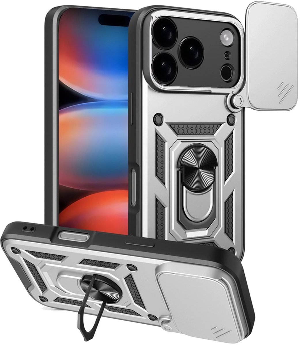 MobyDefend Hoesje - Geschikt voor iPhone 18 Pro - Pantsercase Met Draaibare Ring - Zilvergrijs