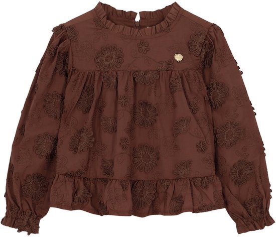 Bruine blouse met geborduurde bloemen, lange mouwen, ruches en een hoge kraag met knoopsluiting.