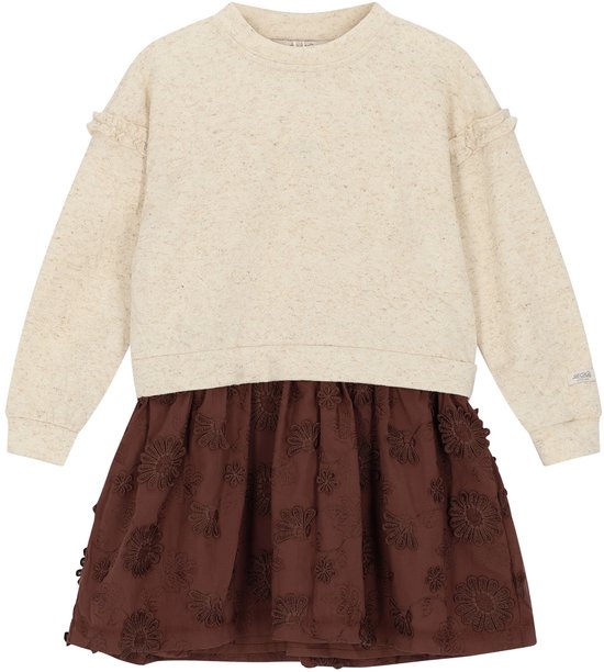 Beige melange sweaterjurk met bruine geborduurde bloemenrok en ruches bij de schouders.