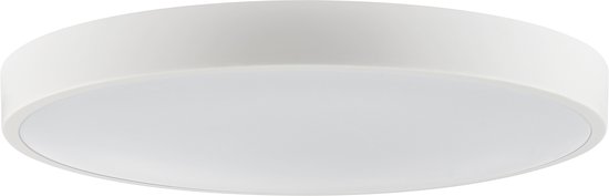 Ronde, platte witte plafondlamp met een gelijkmatige witte gloed.