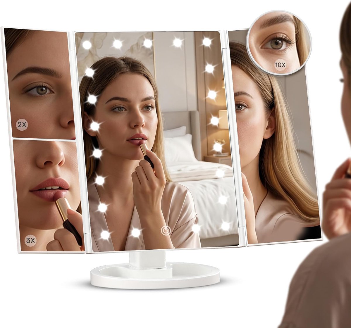 Make-Upspiegel Met 2x/3x/10x Vergroting - Drievoudige Make-Upspiegel Met Verlichting - Aanraakdimfunctie