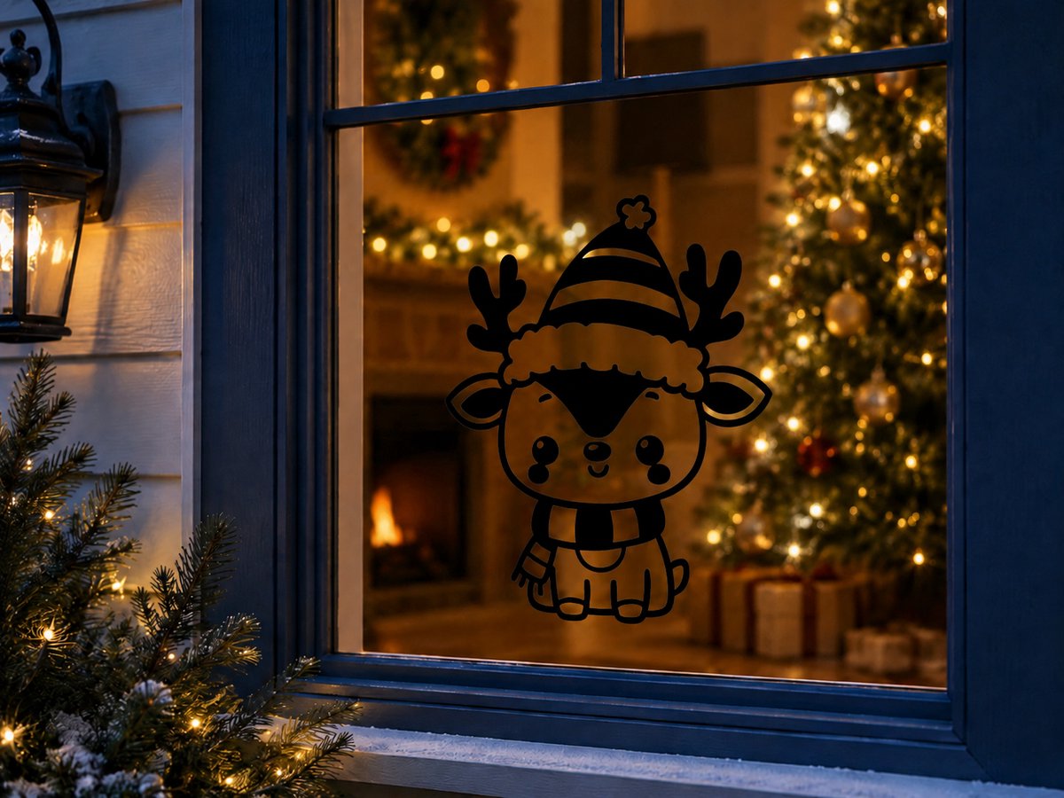 Kerst Rendier Sticker – 20,4 x 25 cm – Zwart
