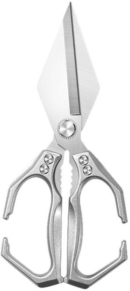 Multifunctionele, robuuste keukenschaar met ergonomische handgrepen, geschikt voor kip, vlees en vis (zilver).