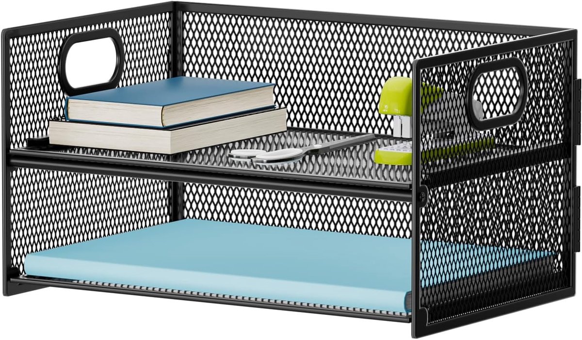 2-laags bureau-opberger van metaalgaas met handvat, voor A4-papier, tijdschriften en documenten, zwart, 32 x 23 x 13,5 cm