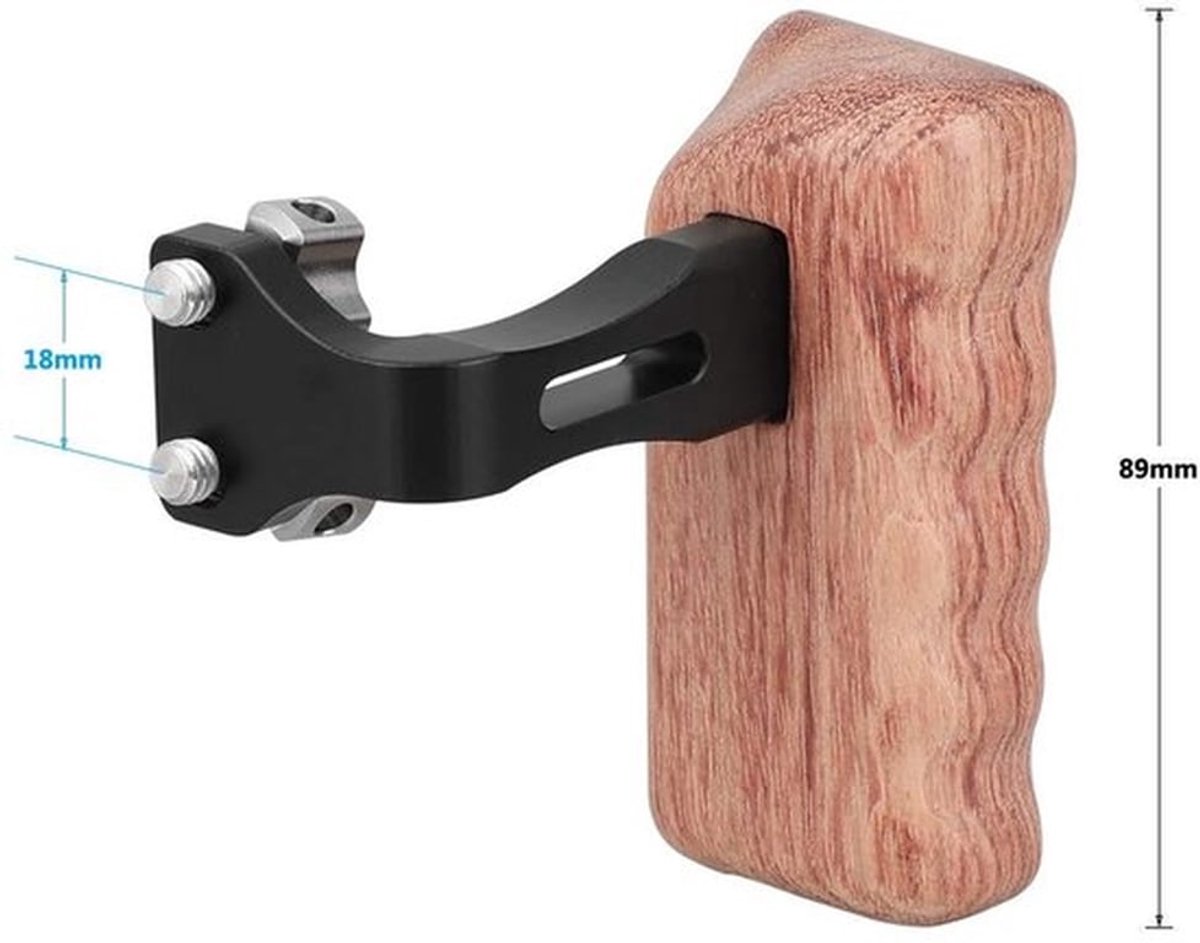 - Houten Handgreep - 1/4 inch schroef - Geschikt voor DSLR camera cage rig - Linker hand - Ergonomisch ontwerp - Stevige grip - Camera ac