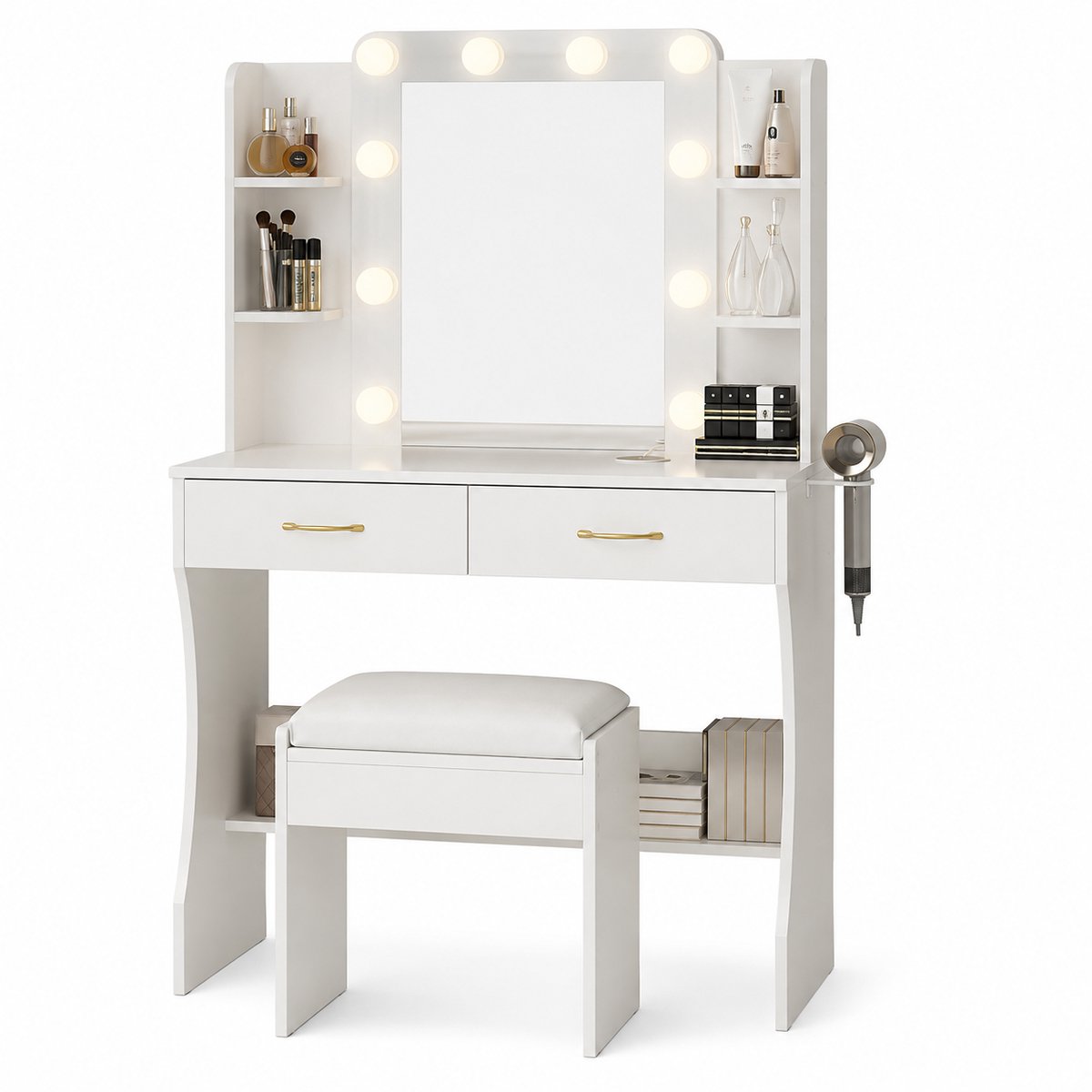 VILIMA - Make up tafel - Make up tafel met spiegel - Kaptafel met spiegel en verlichting - Incl. Krukje - Modern - Wit - 136x40x136 cm