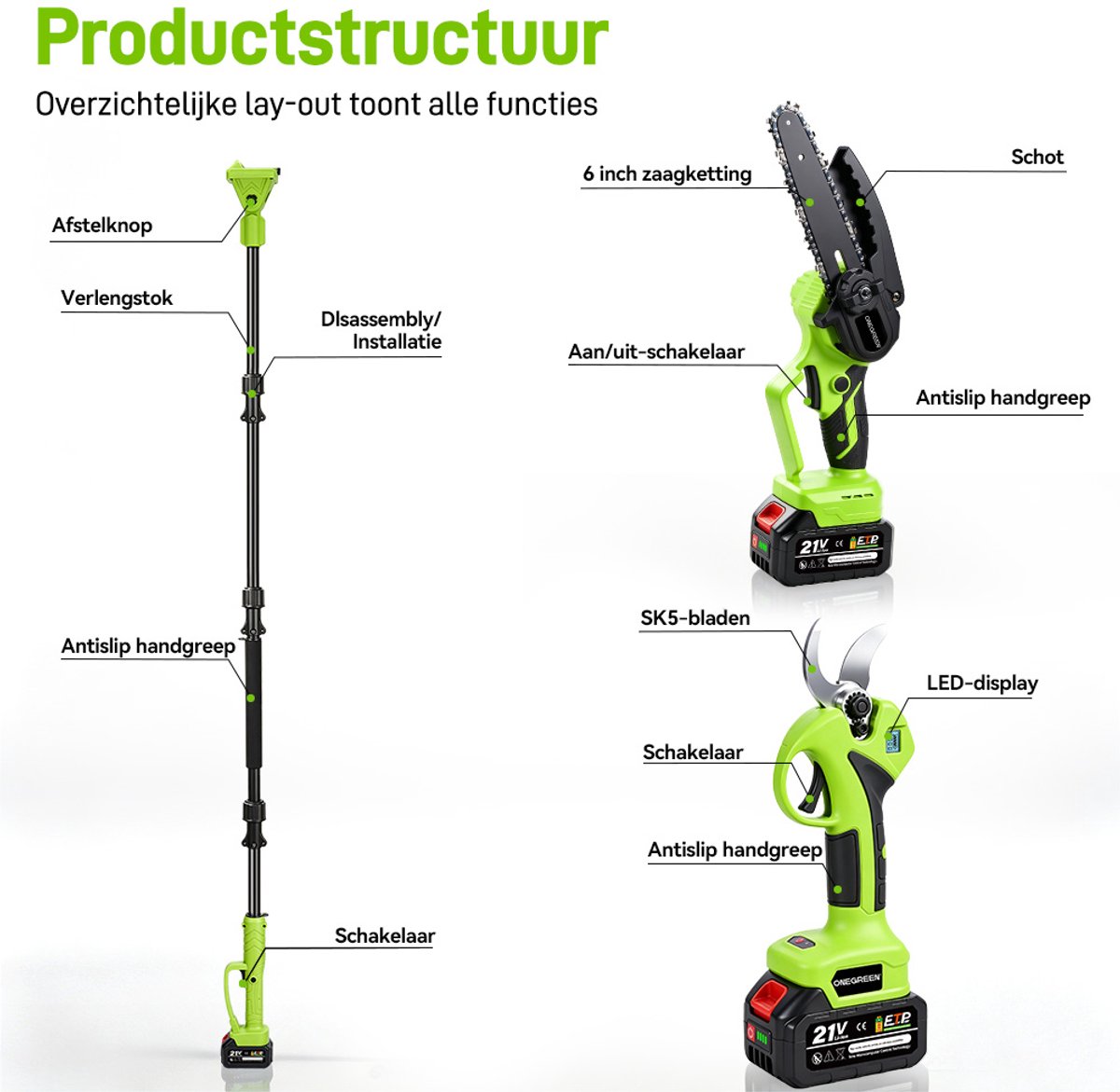 ONEGREEN Kettingzaag Telescopische Steel - Elektrische Snoeischaar - met 2 Accu's - Snoeizaag - werkhoogte tot 2 m - voor boomtakken, houtzagen thumbnail 2