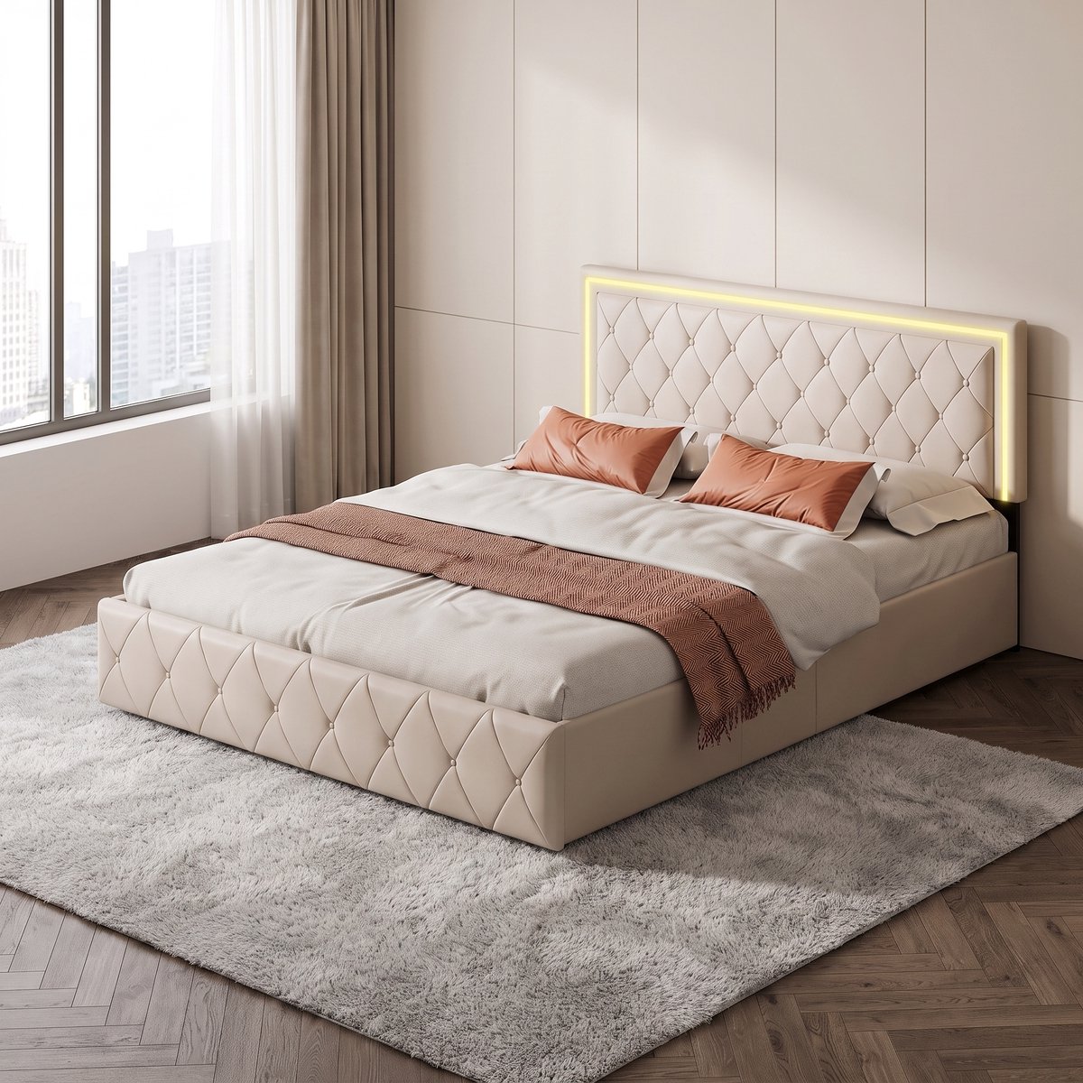 MEXUS Gestoffeerd Tweepersoonsbed 140x200 cm LED-Verlichting, Lattenbodem, 2-Persoonsbed met 4 Lades Verstelbaar Hoofdeinde, in PU, Volwassenen en Tieners (Wit, 140x200 cm) gebroken wit