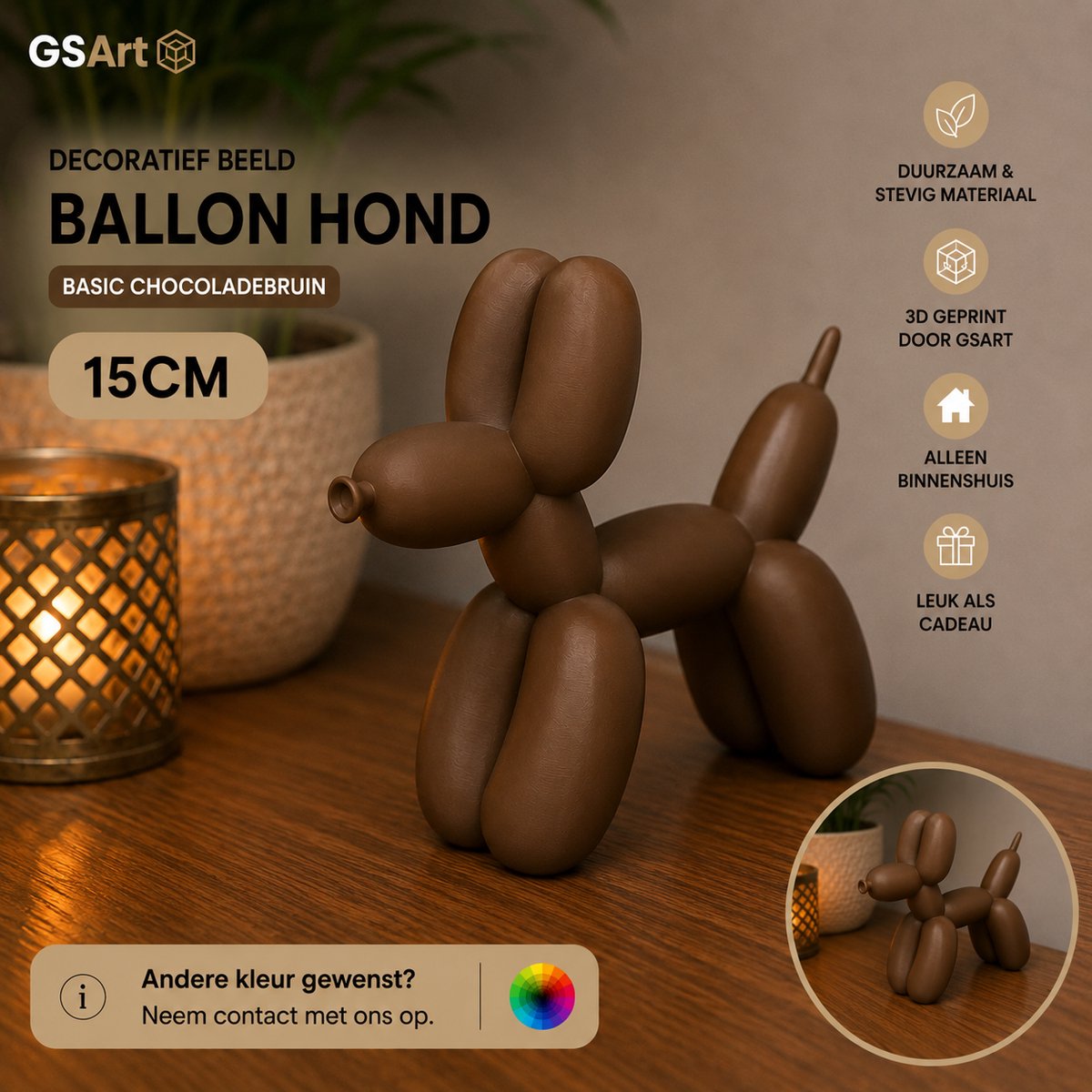 GSArt Decoratief Beeld Ballon Hond – 3D Geprint – Moderne Woondecoratie - 15cm Chocoladebruin