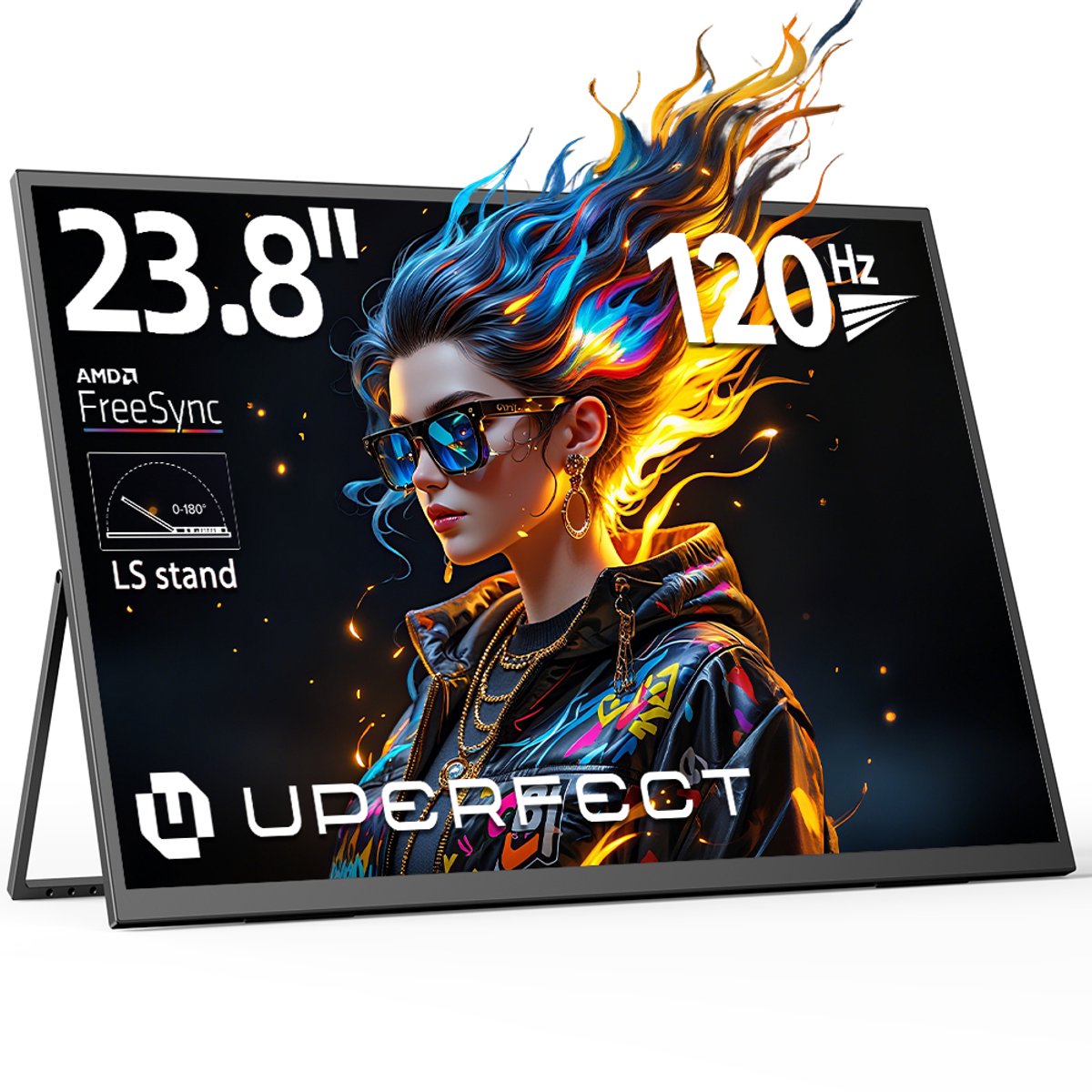 UPERFECT 23,8-inch draagbare monitor, 120 Hz, 1920x1080 FHD IPS, USB-C- en HDMI-poort, tweede scherm met geïntegreerde standaard voor laptop/telefoon/spelconsole, VESA-montage mogelijk