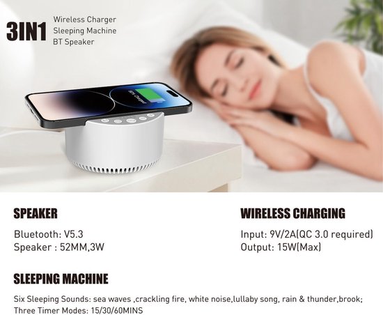 Witruismachine met Draadloos Opladen en Bluetooth-luidspreker - 6 Kalmerende Slaapgeluiden voor Baby’s en Volwassenen - Slaaptherapie - 3 Timermodi - voor Thuis, Kantoor, Reizen — afbeelding 2