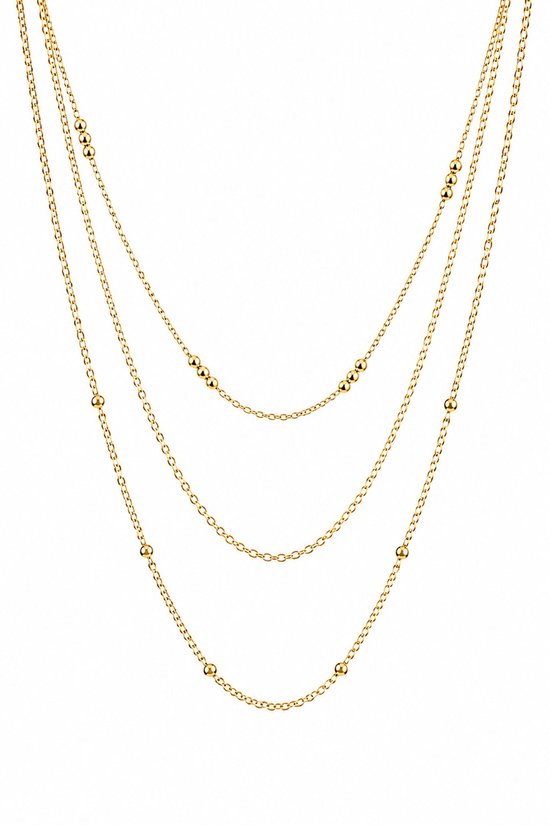 Goudkleurige, 3-laagse ketting met verspreide goudkleurige bolletjes.