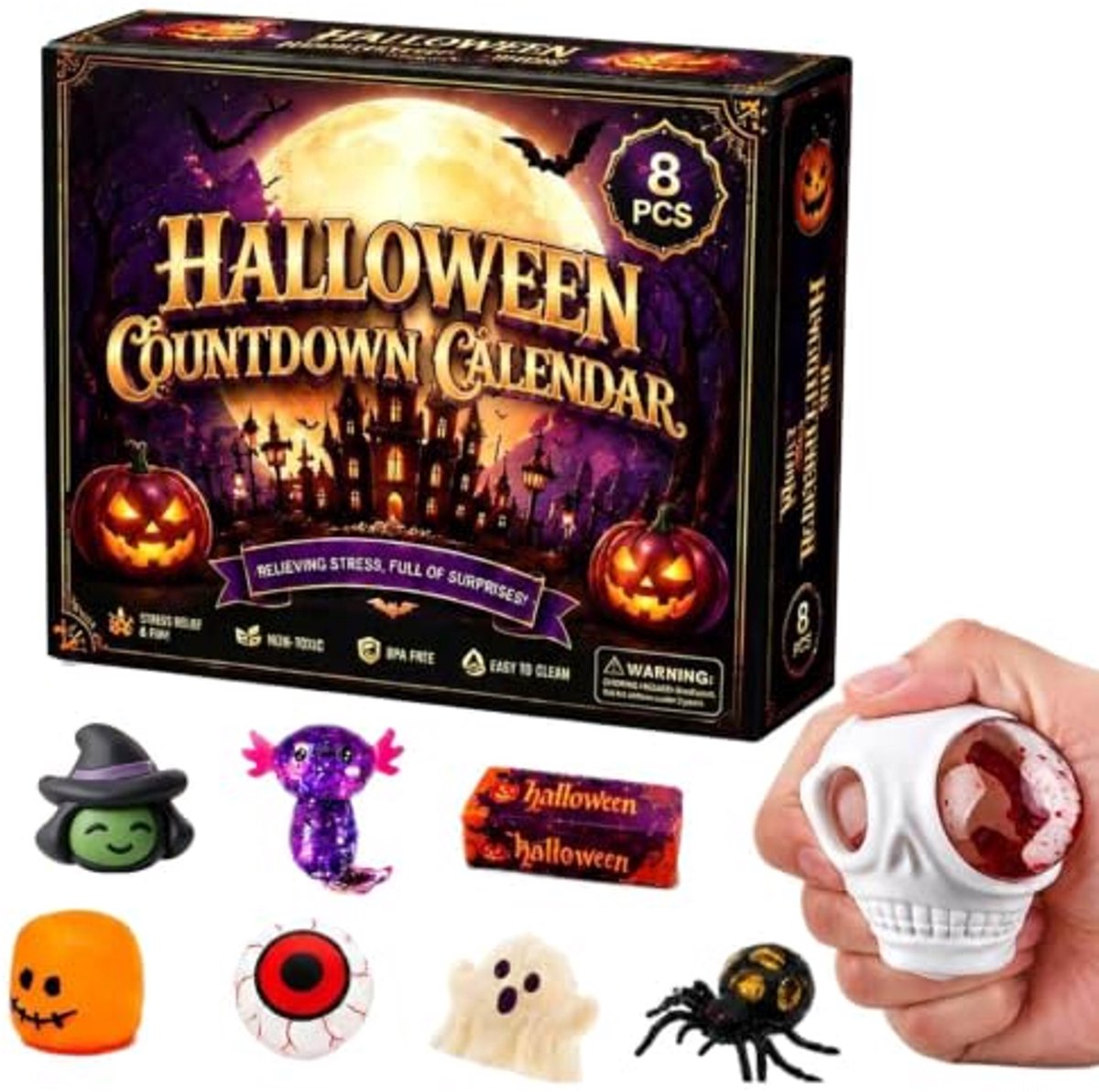 Halloween Aftelkalender Squishy Speelgoed - 8-delige Sensorische Knijpspeelgoed Set voor Kinderen - Familie Feest - Prijs en Feestcadeautjes - Dagelijkse Countdown naar Halloween - Stressverlichtend en Zacht - Perfect voor Jongens en Meisjes