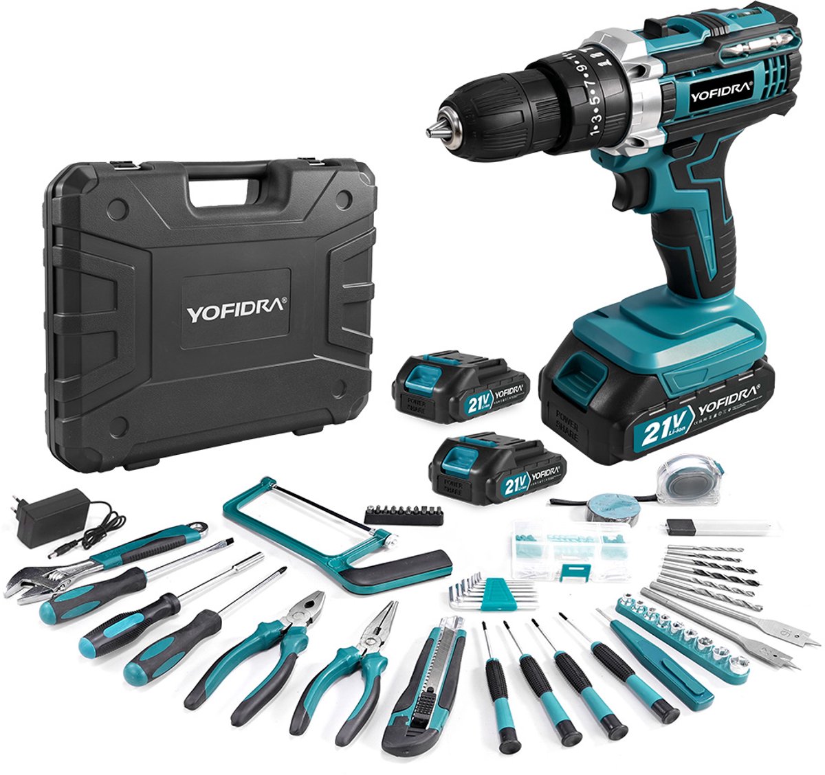 YOFIDRA 21V draadloze Accuboormachine – 3-in-1 koperen motor, 25+3 koppel, 53 accessoires, 2 accu's – geschikt voor boren en schroeven in diverse materialen.